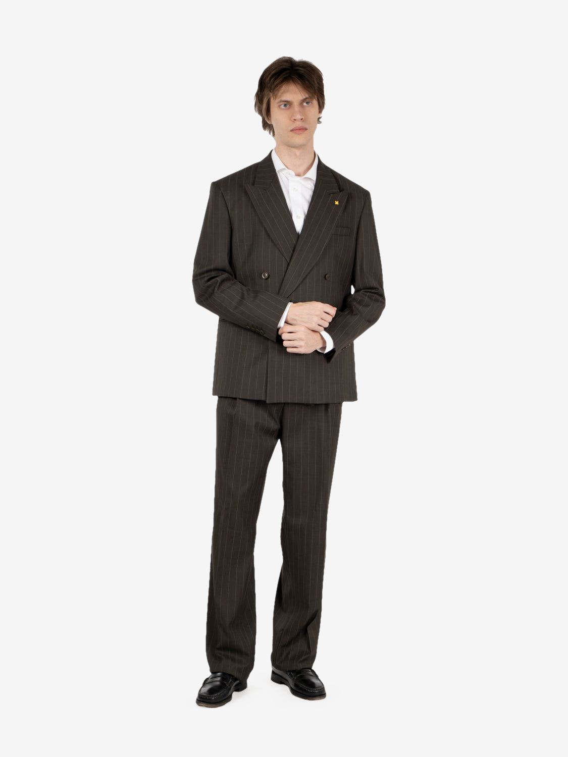Green pinstriped oversized double-breasted suit
