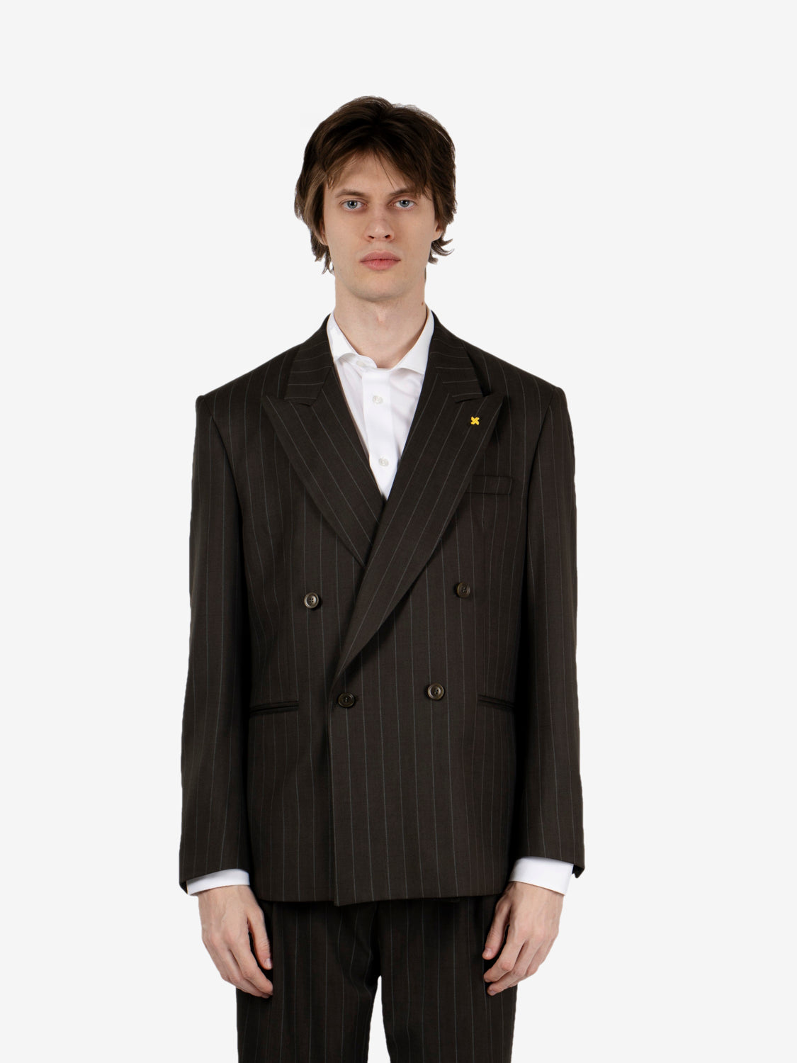 Green pinstriped oversized double-breasted suit