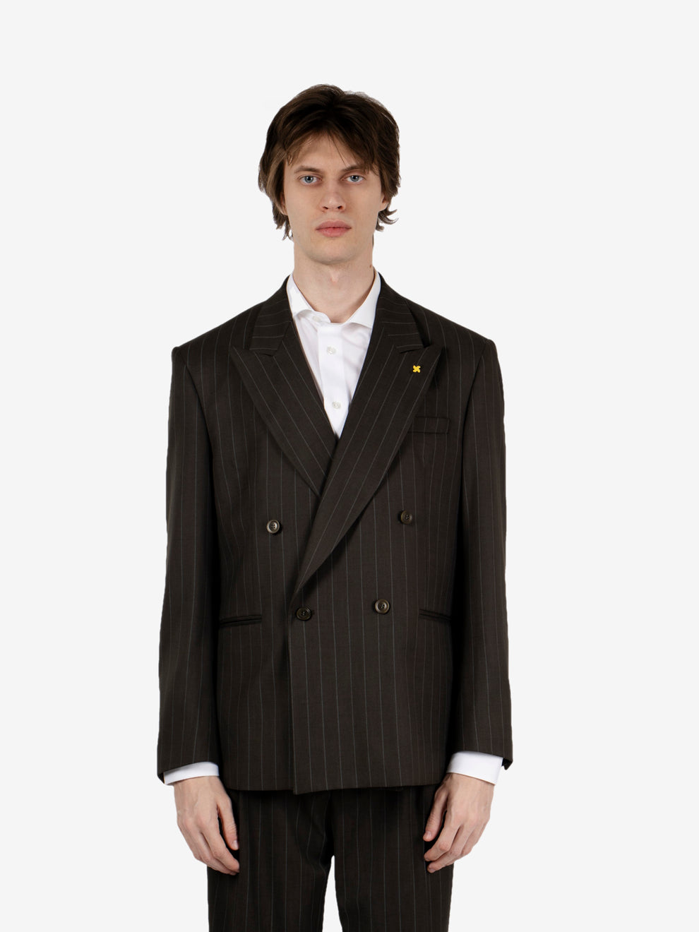 Green pinstriped oversized double-breasted suit