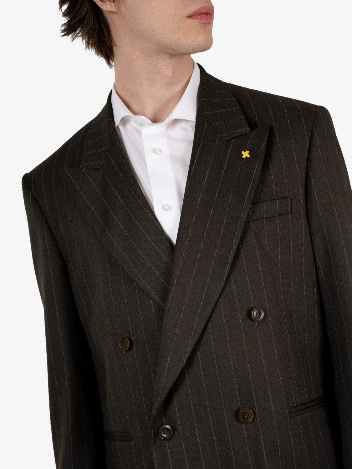 Green pinstriped oversized double-breasted suit