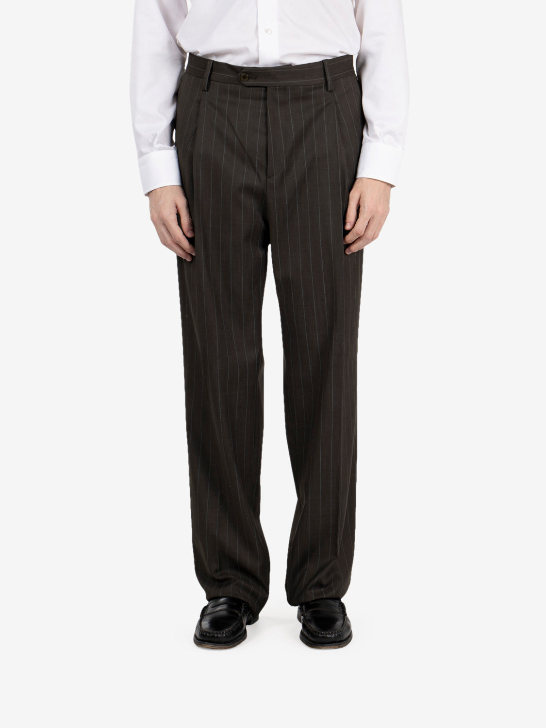 Green pinstriped oversized double-breasted suit