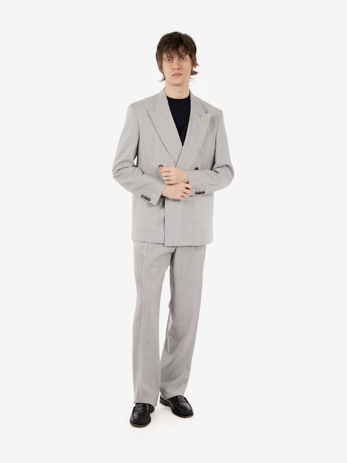 Grey pinstripe double-breasted oversized suit