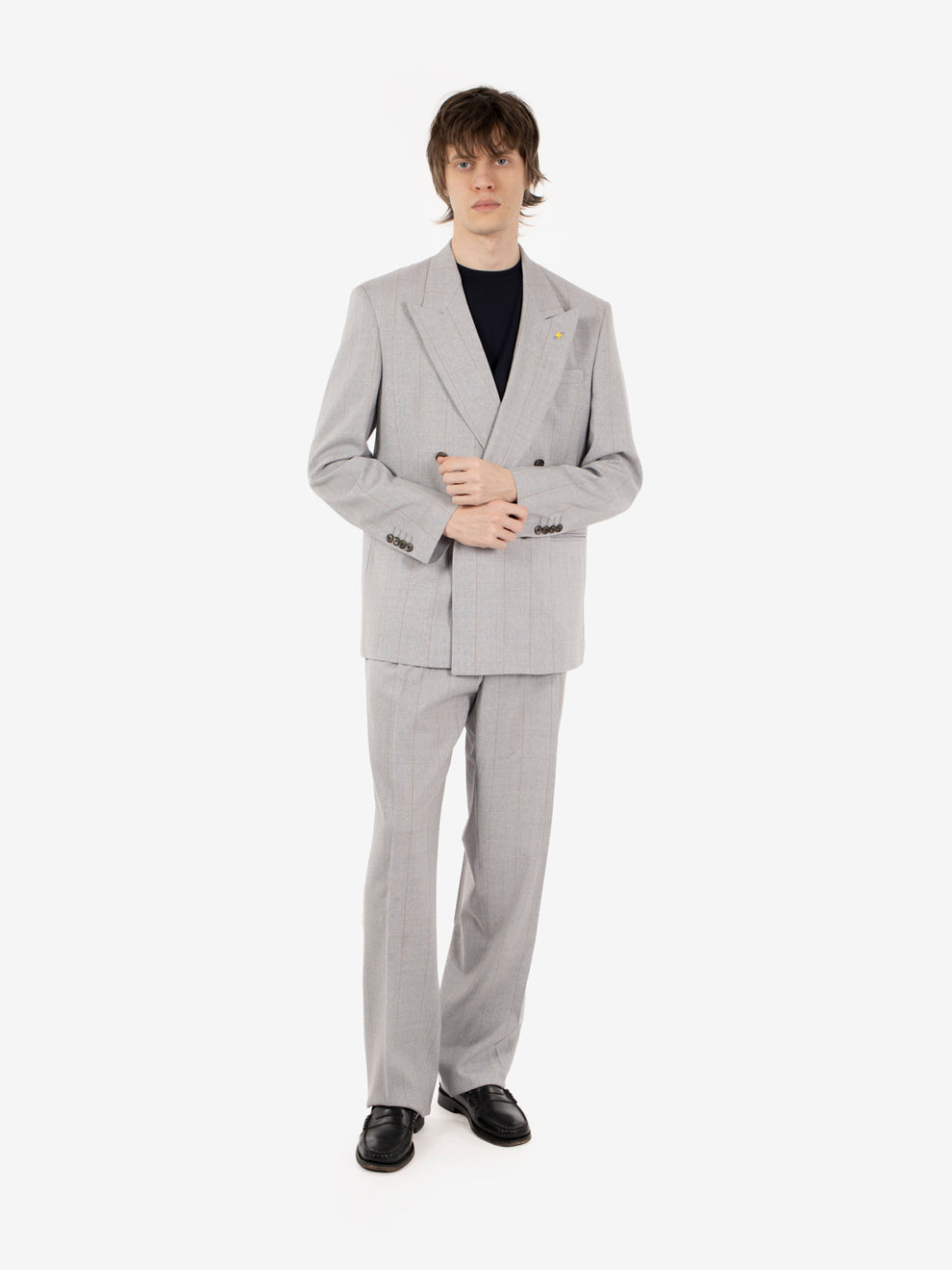 Grey pinstripe double-breasted oversized suit