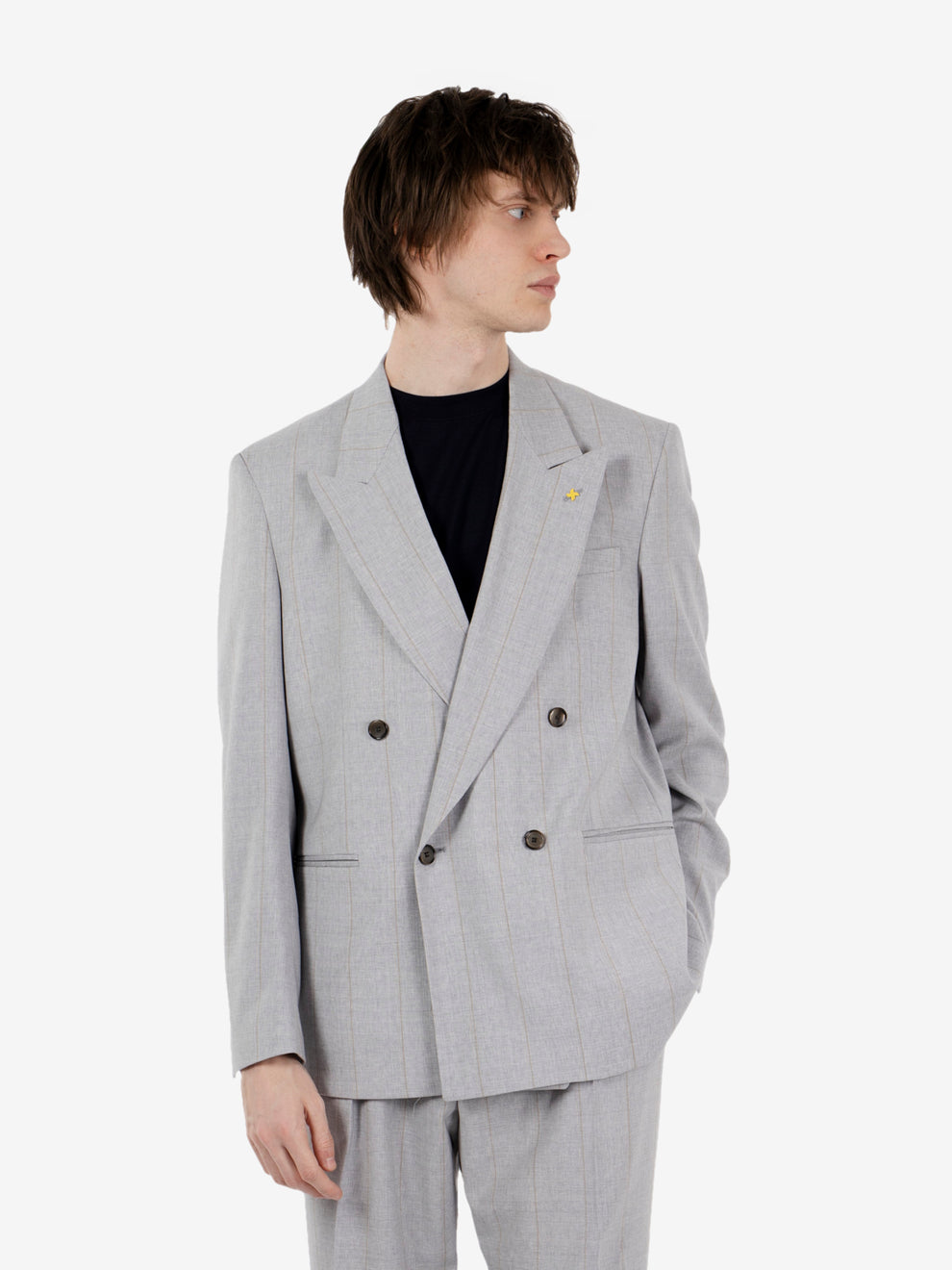 Grey pinstripe double-breasted oversized suit