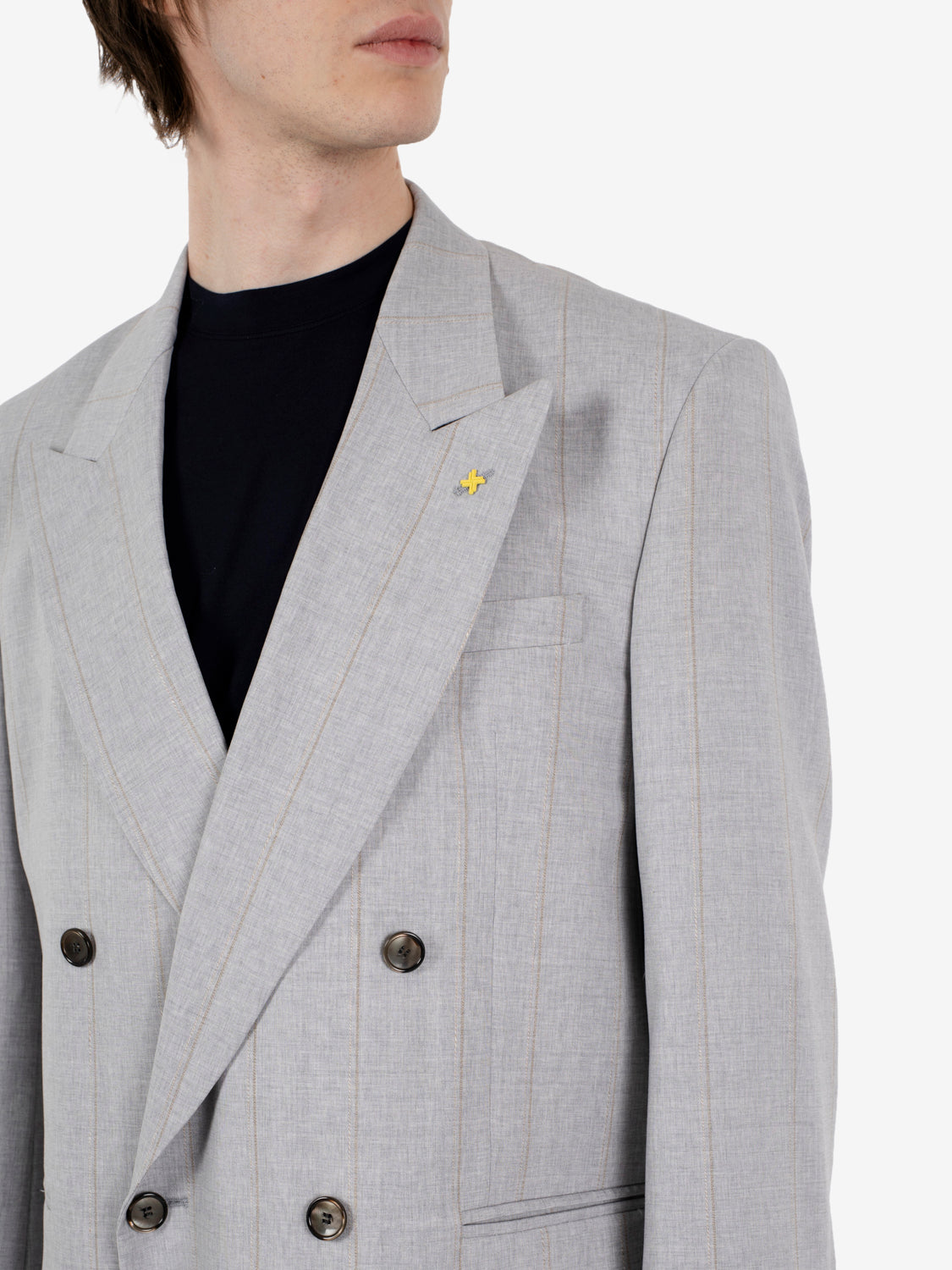 Grey pinstripe double-breasted oversized suit