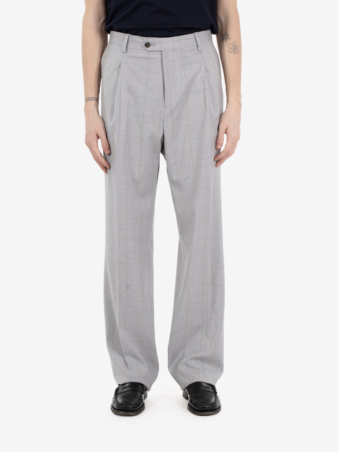 Grey pinstripe double-breasted oversized suit