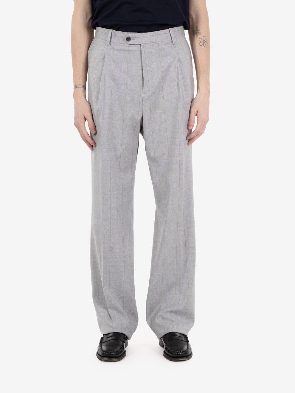 Grey pinstripe double-breasted oversized suit