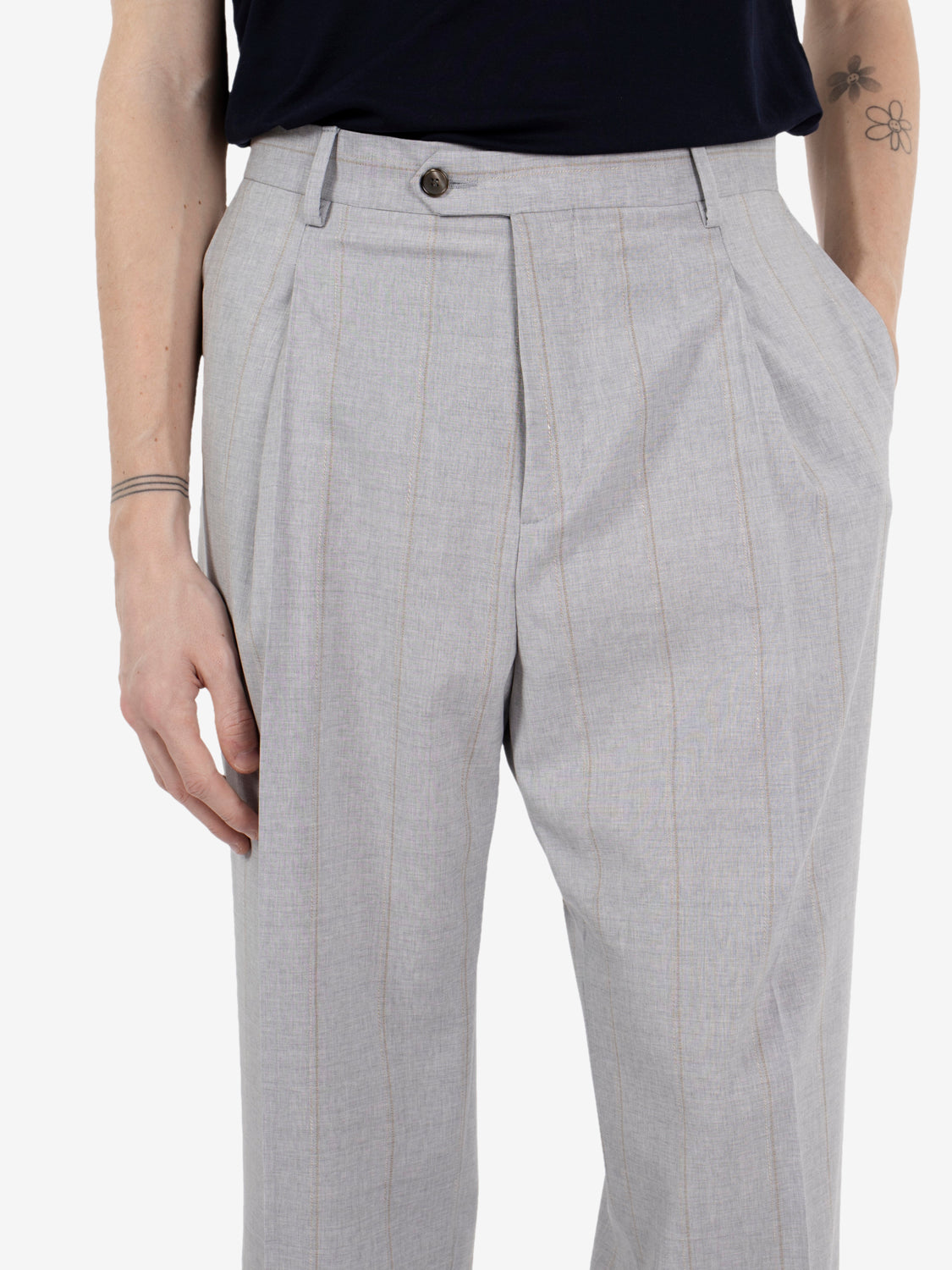 Grey pinstripe double-breasted oversized suit