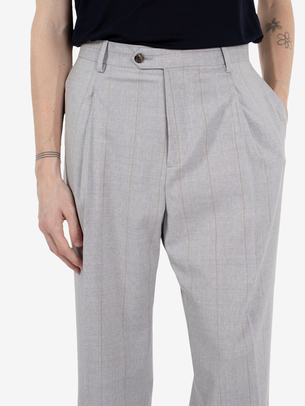 Grey pinstripe double-breasted oversized suit
