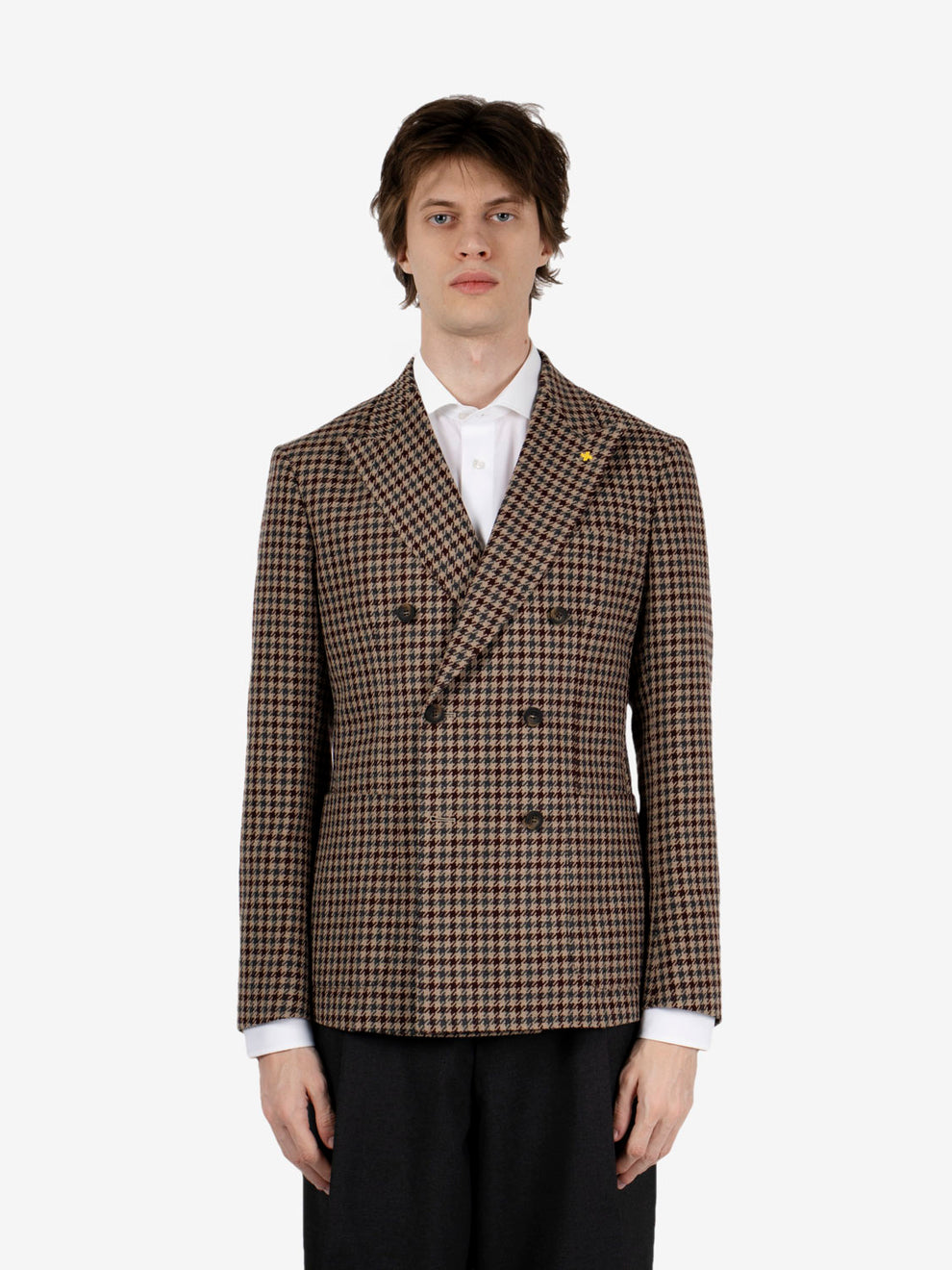 Burgundy houndstooth double-breasted blazer