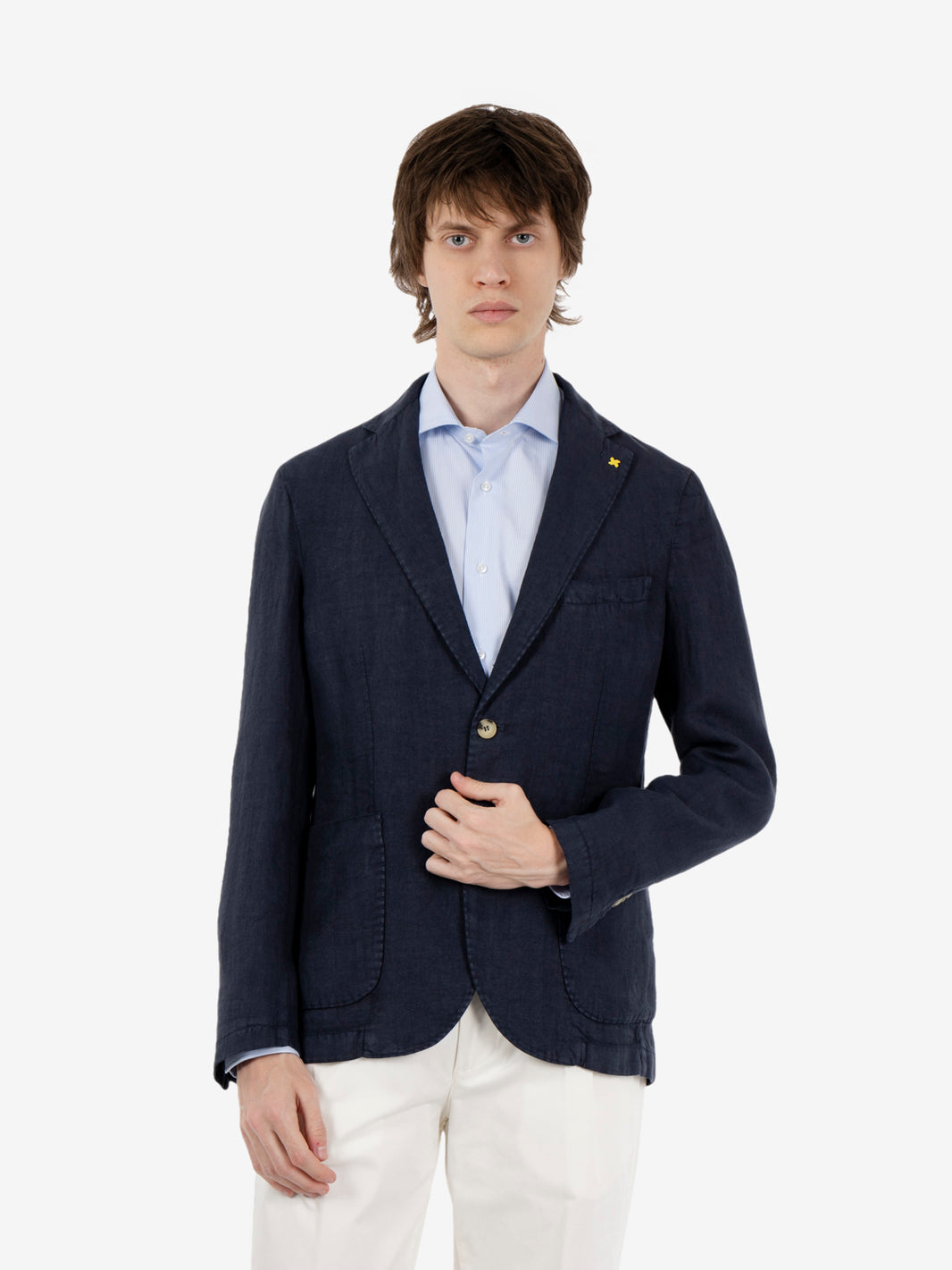 Single-breasted blue linen blazer