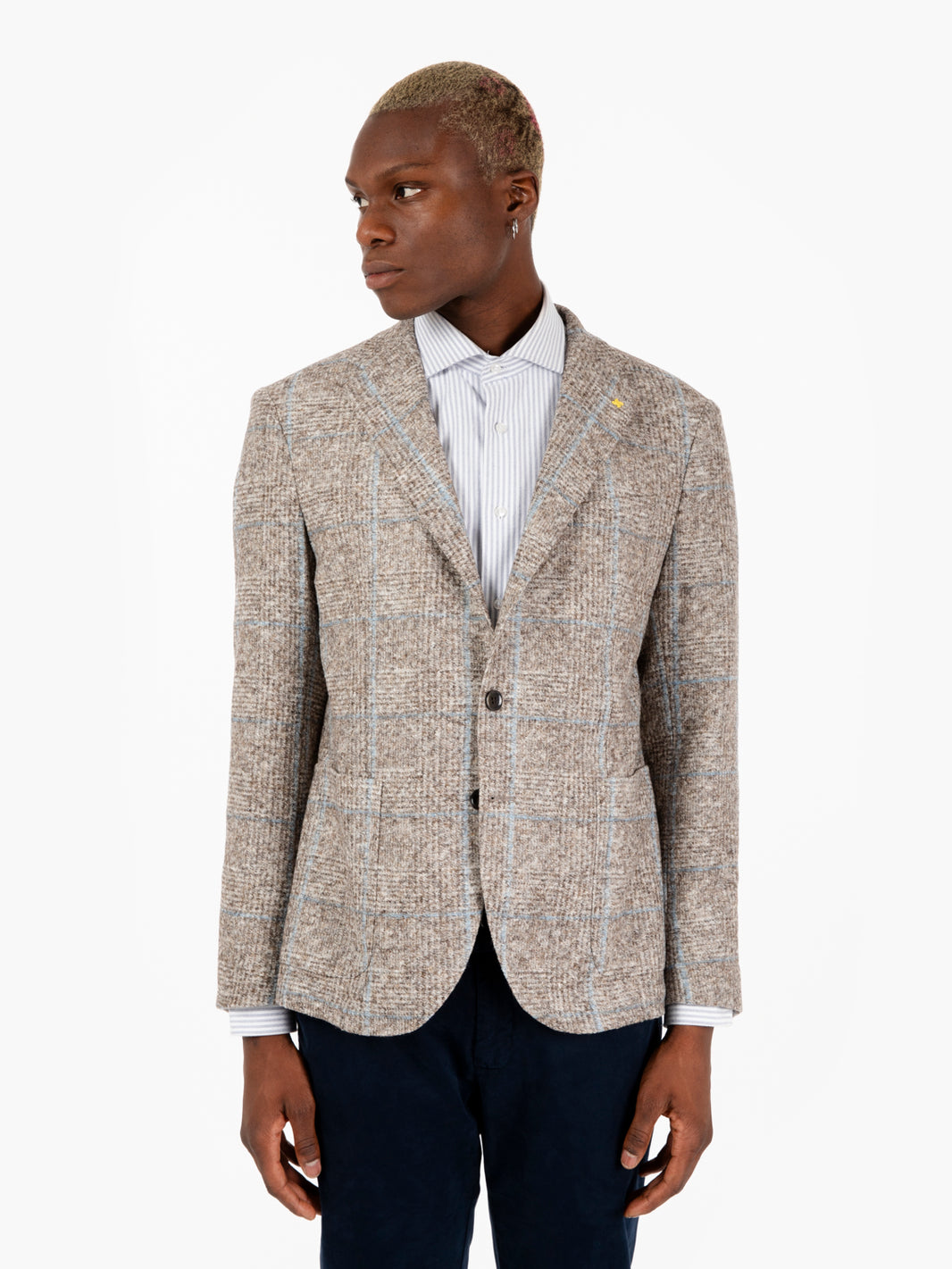 Blazer in misto lana motivo a righe beige / azzurro