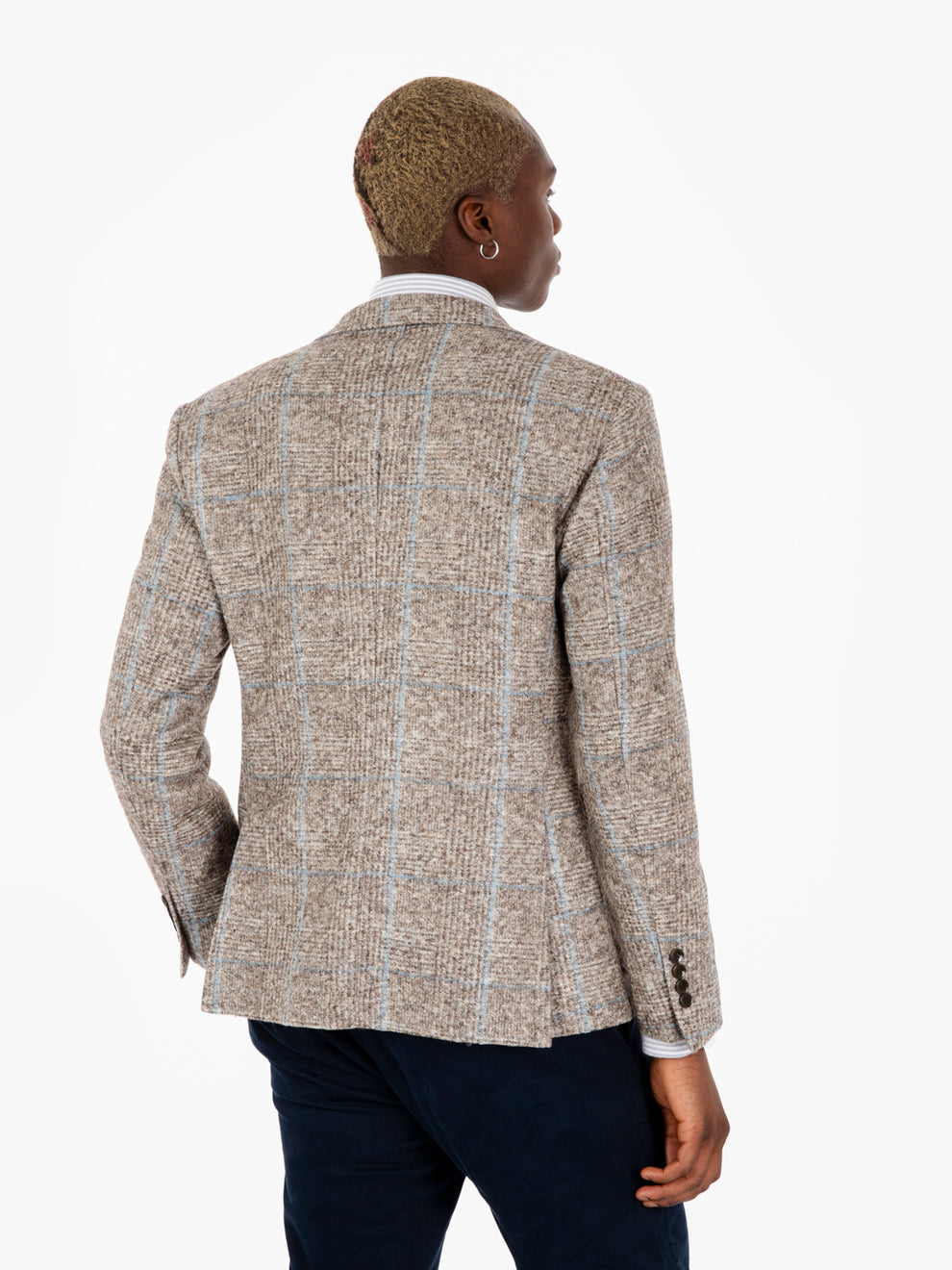 Beige/light blue striped wool blend blazer