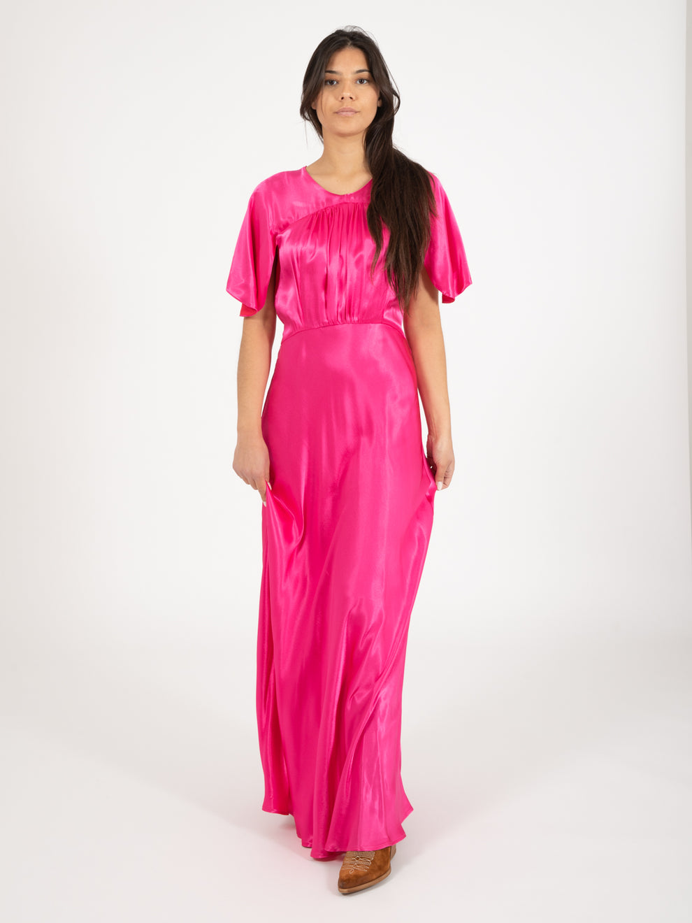 Raspberry short sleeve long dress