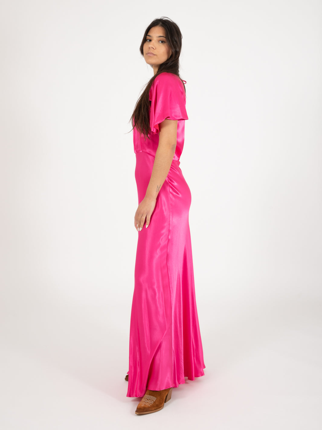Raspberry short sleeve long dress