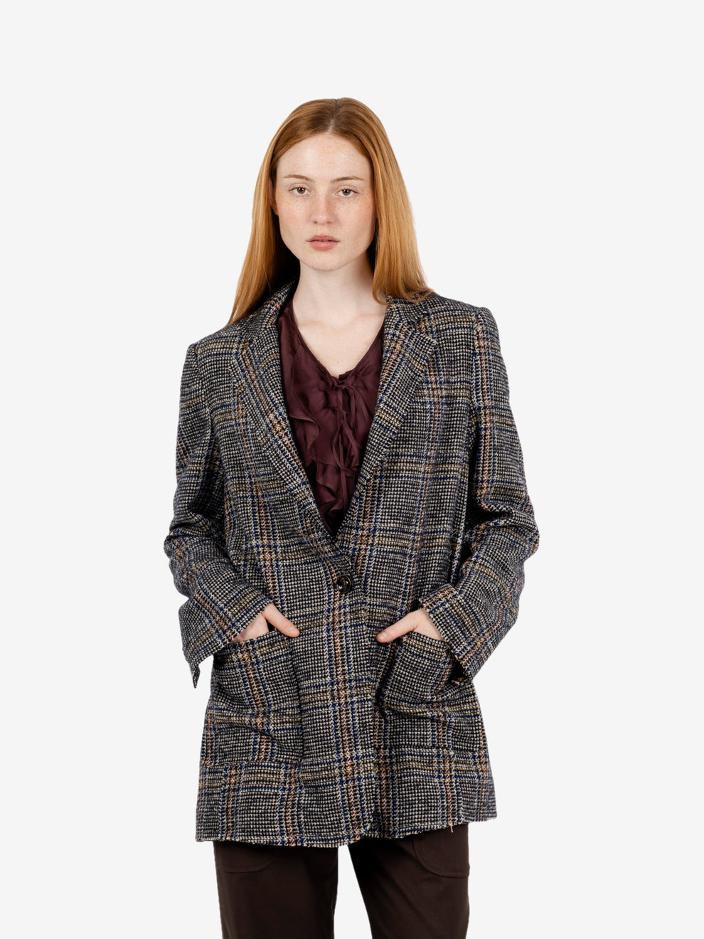 Blazer in misto lana check blu