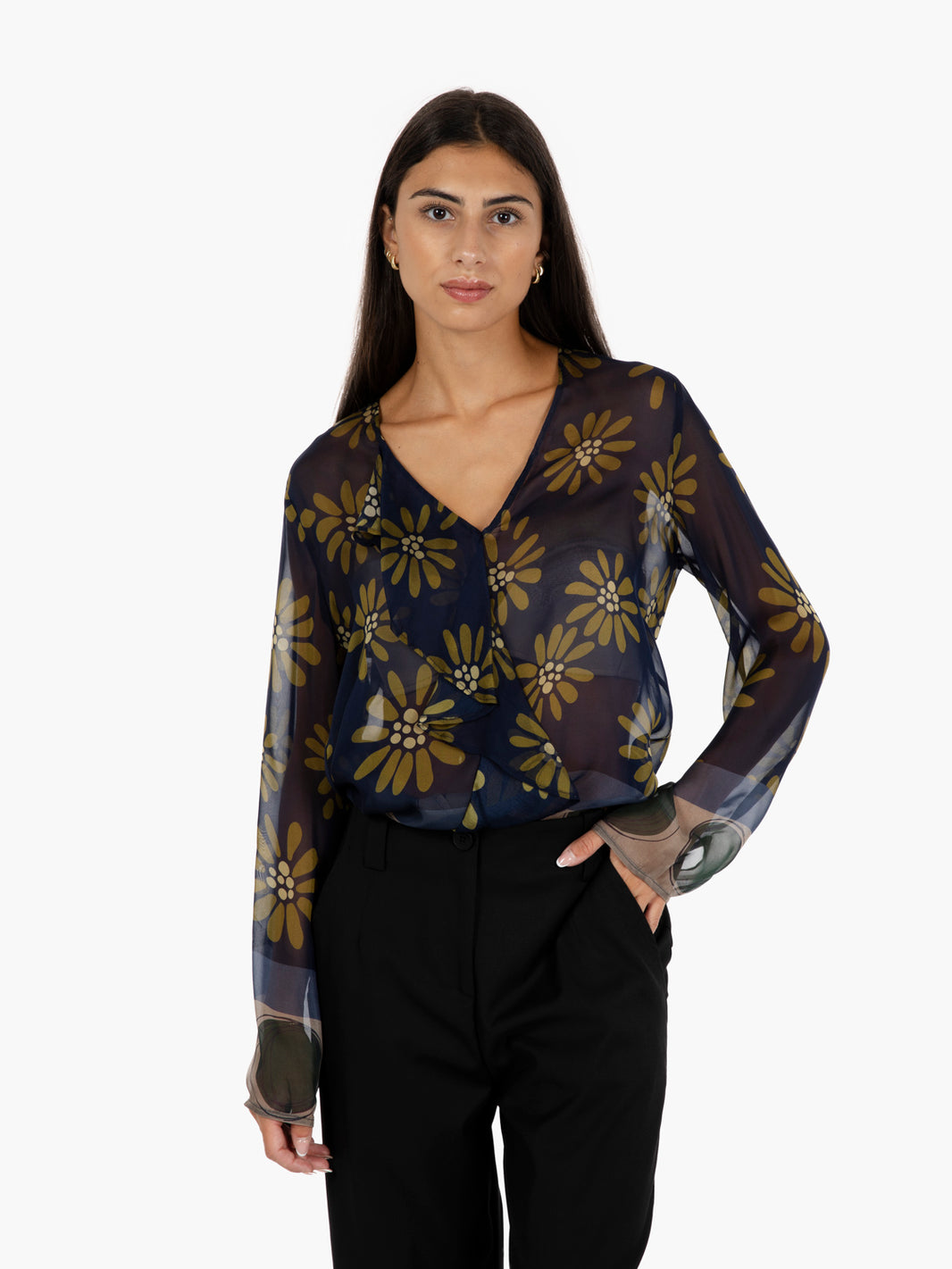 Blusa con volant floreale blu