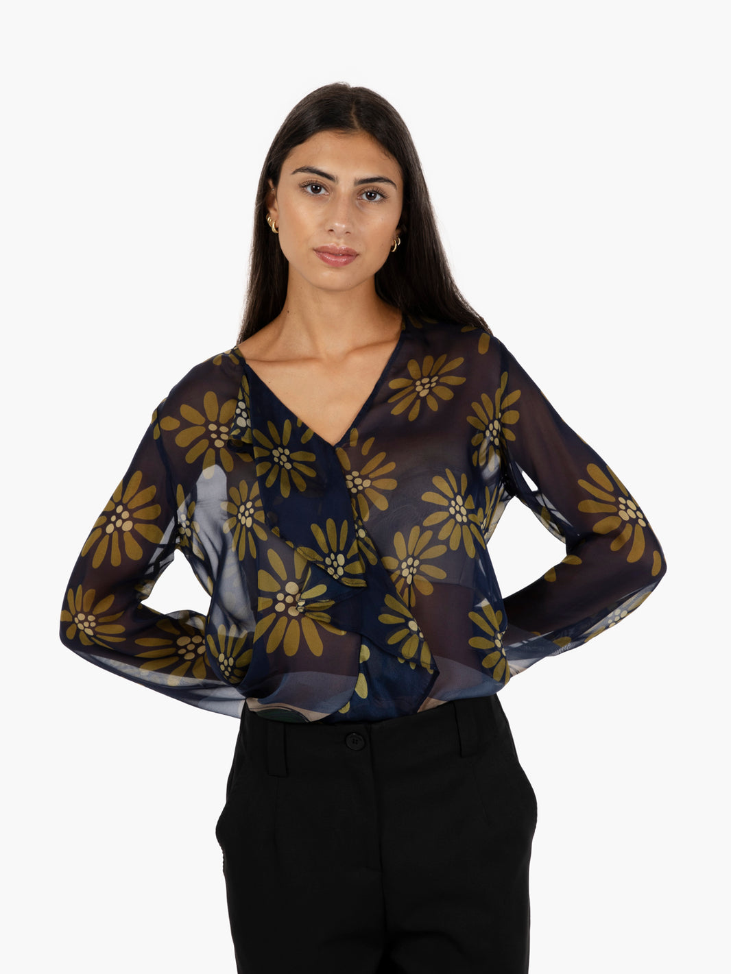 Blusa con volant floreale blu