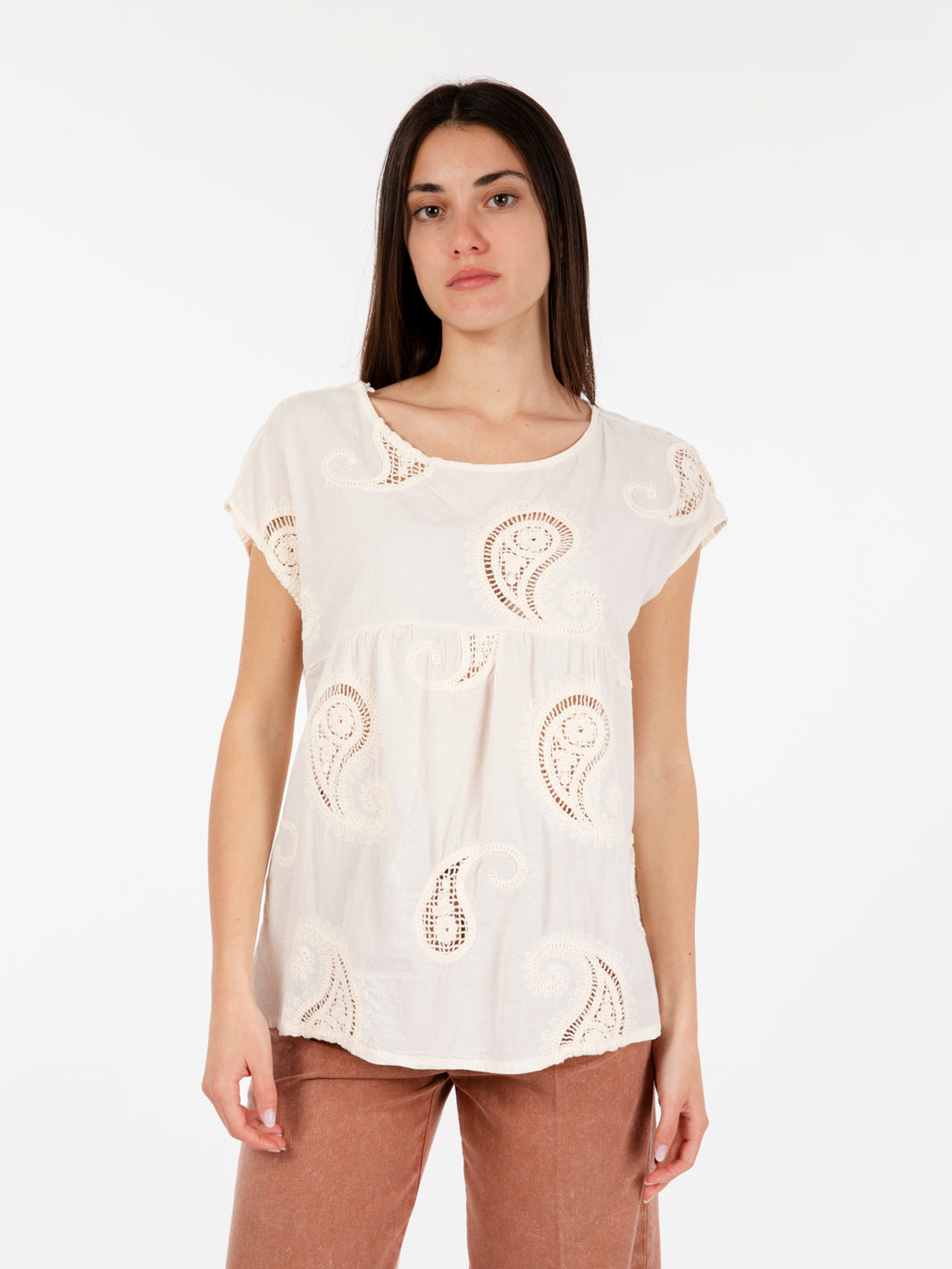 Blusa in cotone con ricami bianca