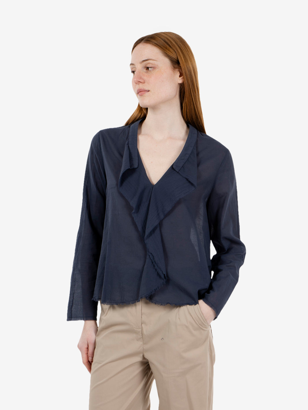 Blue muslin blouse with ruffles