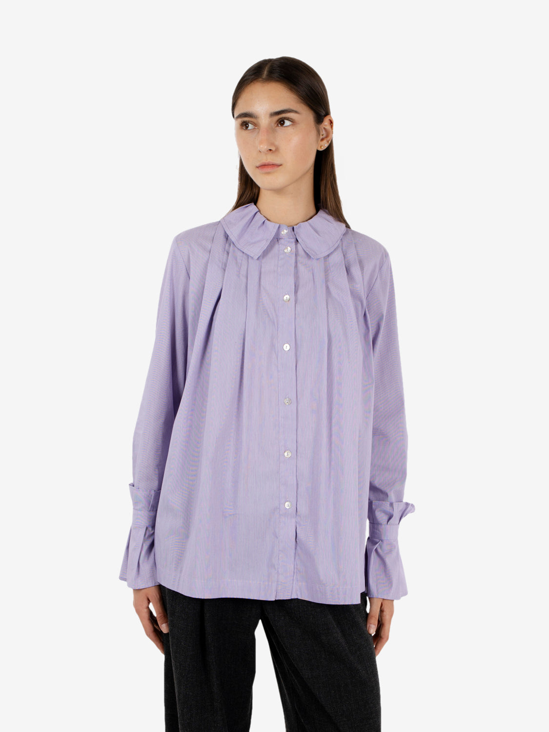 PURPLE PINSTRIPE RUFFLED AND PLEATED SHIRT 621SD45017_629041-01