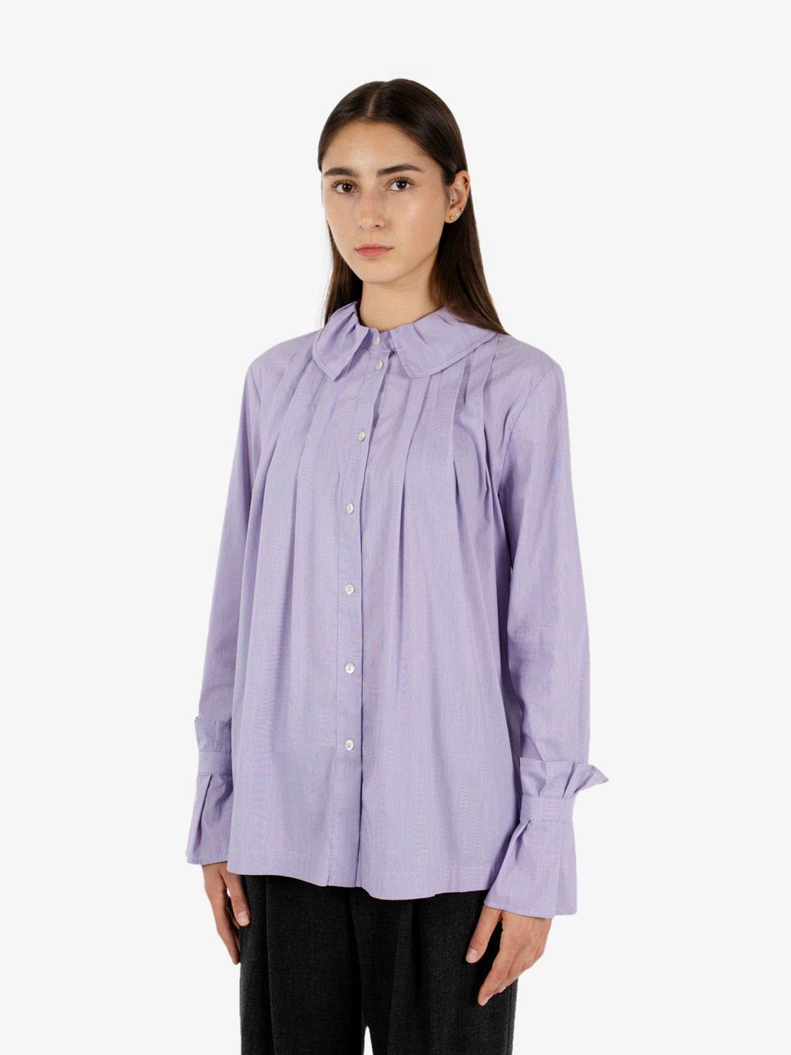 PURPLE PINSTRIPE RUFFLED AND PLEATED SHIRT 621SD45017_629041-01