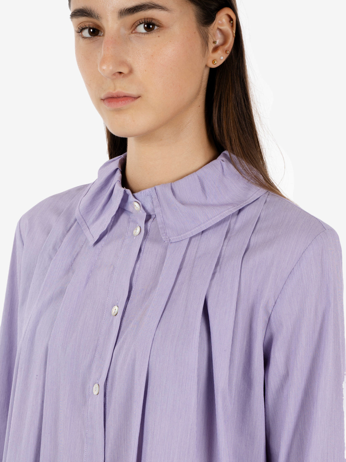 PURPLE PINSTRIPE RUFFLED AND PLEATED SHIRT 621SD45017_629041-01