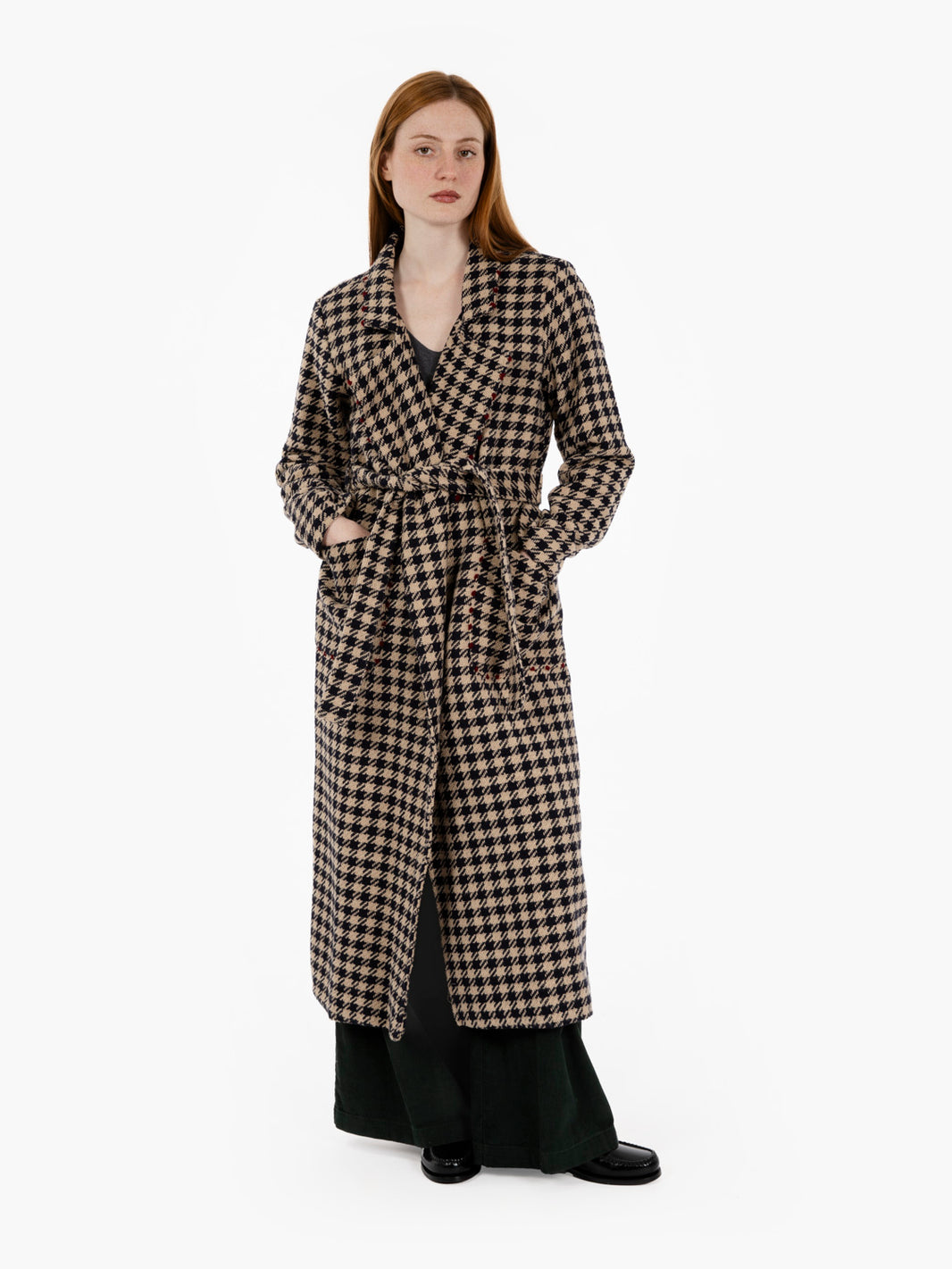 Long blue houndstooth coat