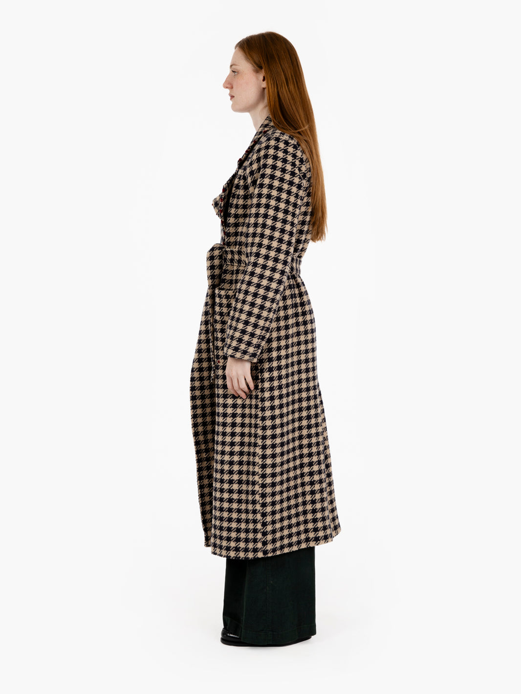 Long blue houndstooth coat