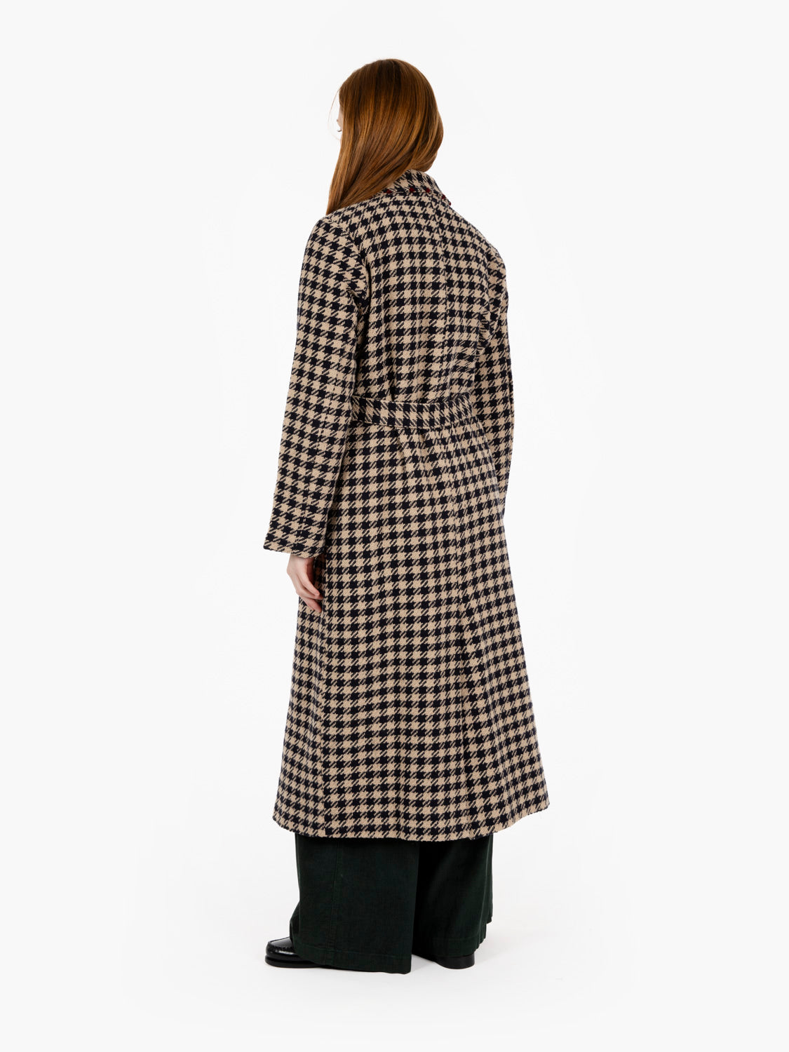 Long blue houndstooth coat