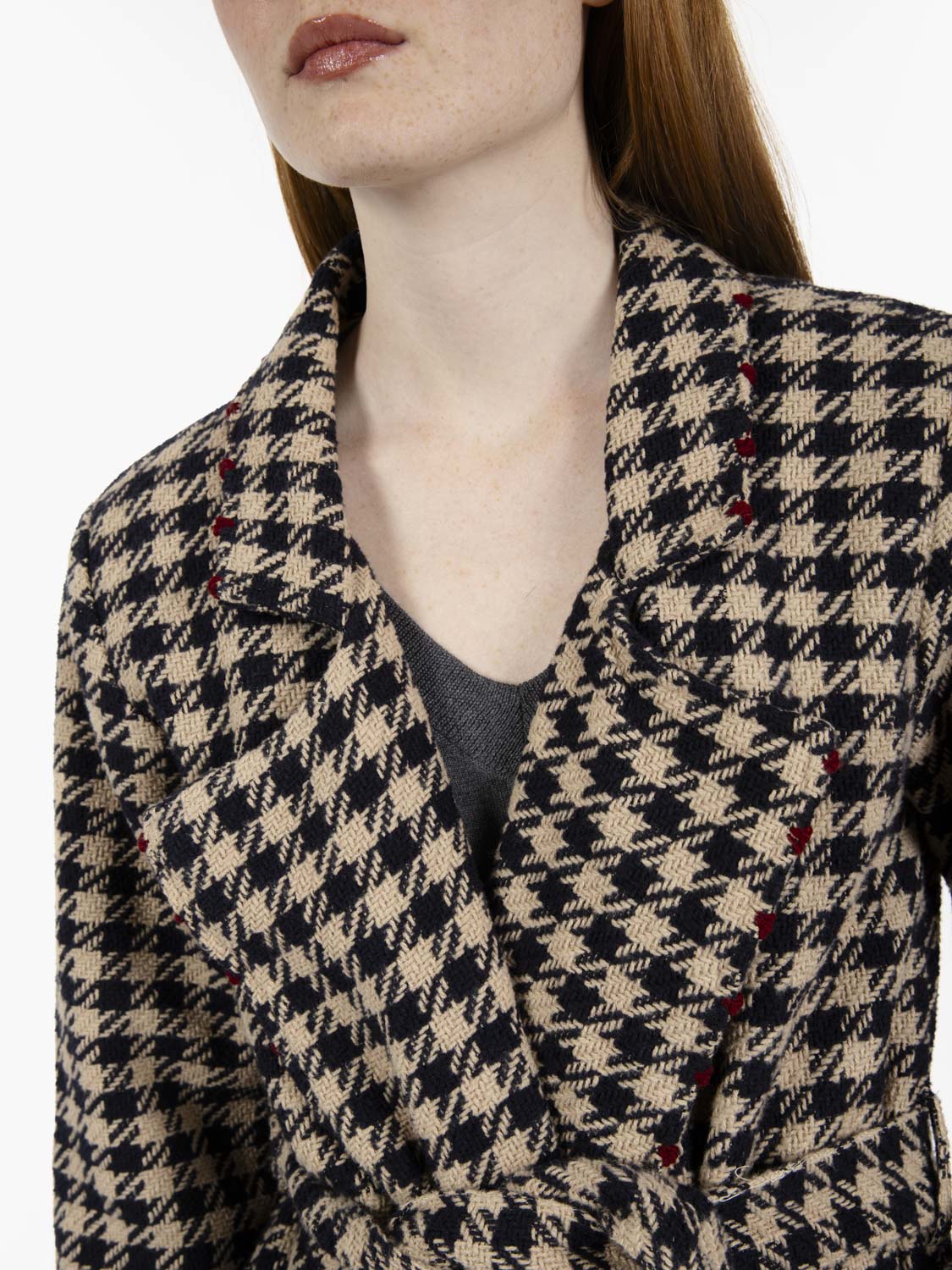 Long blue houndstooth coat