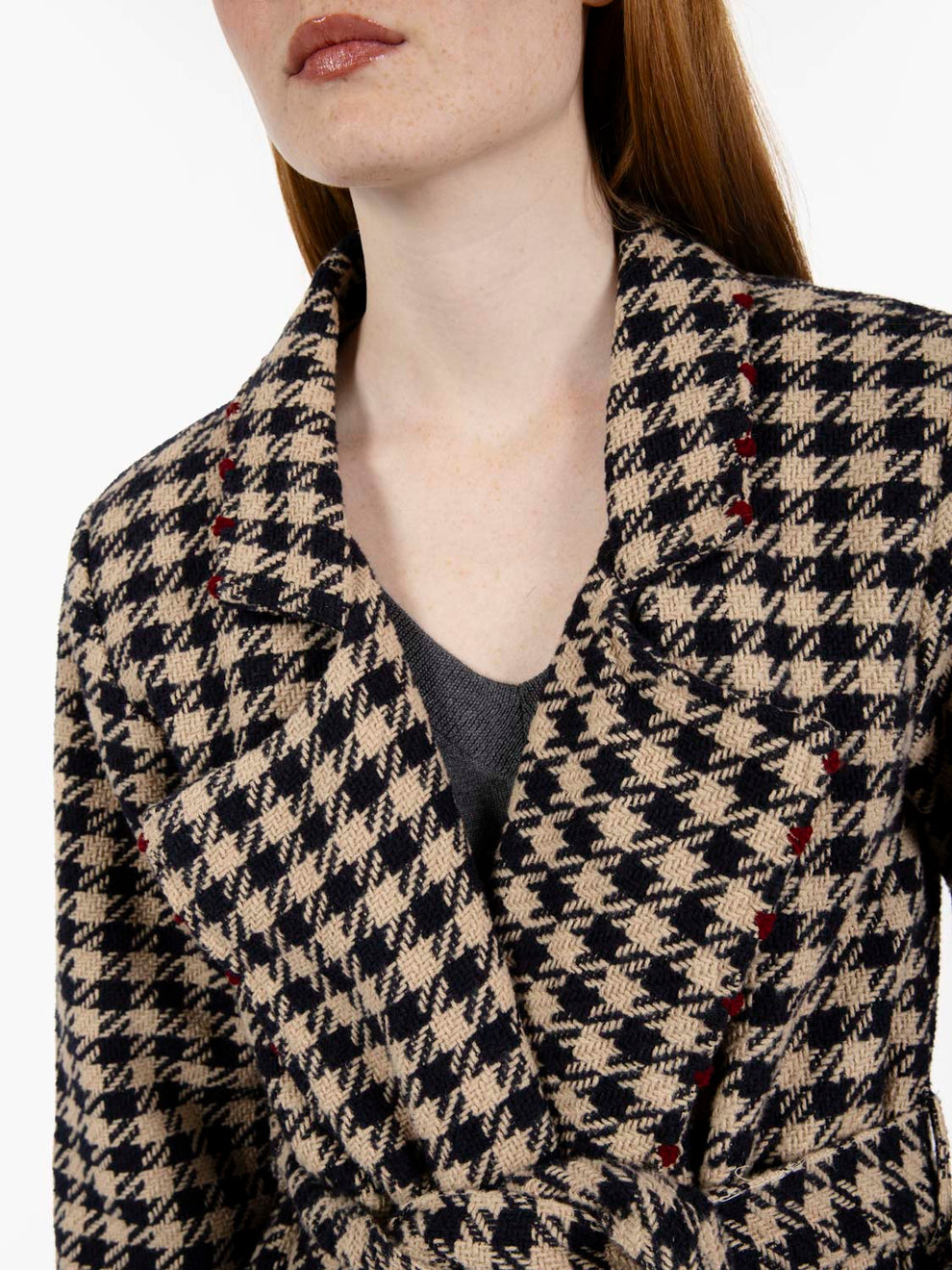 Long blue houndstooth coat