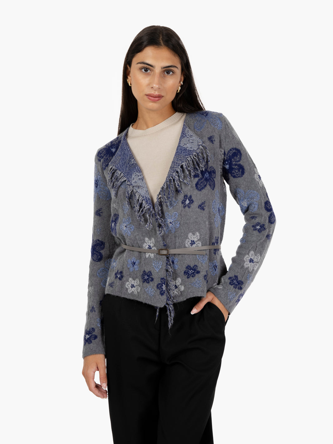 Cardigan con cinturino grigio / blu