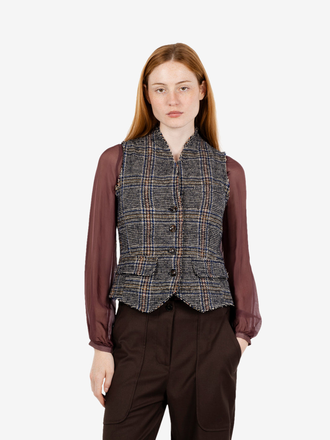 Blue wool blend check waistcoat