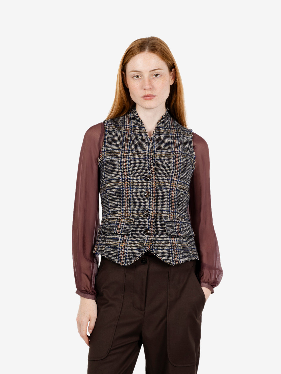 Blue wool blend check waistcoat