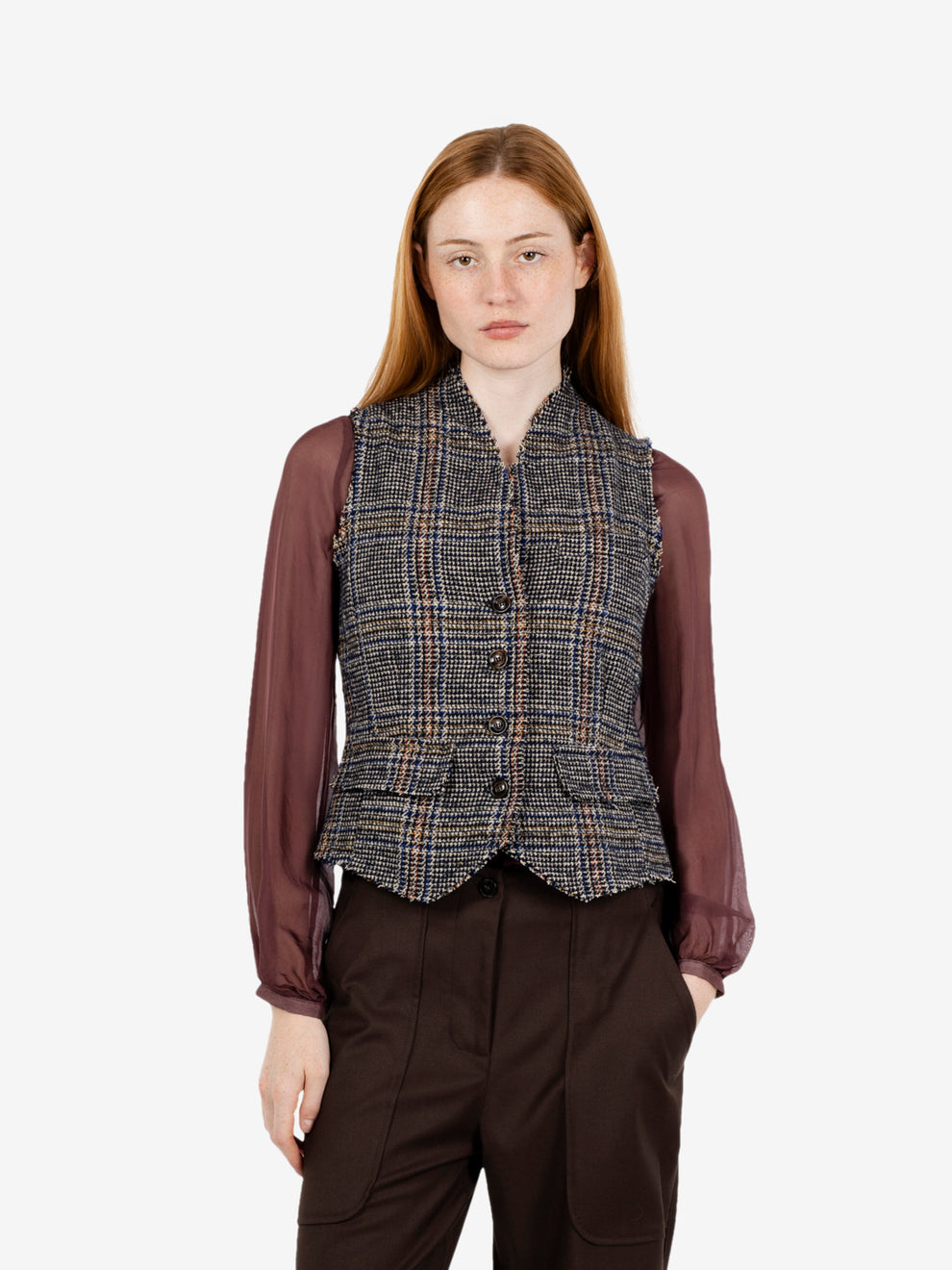 Blue wool blend check waistcoat