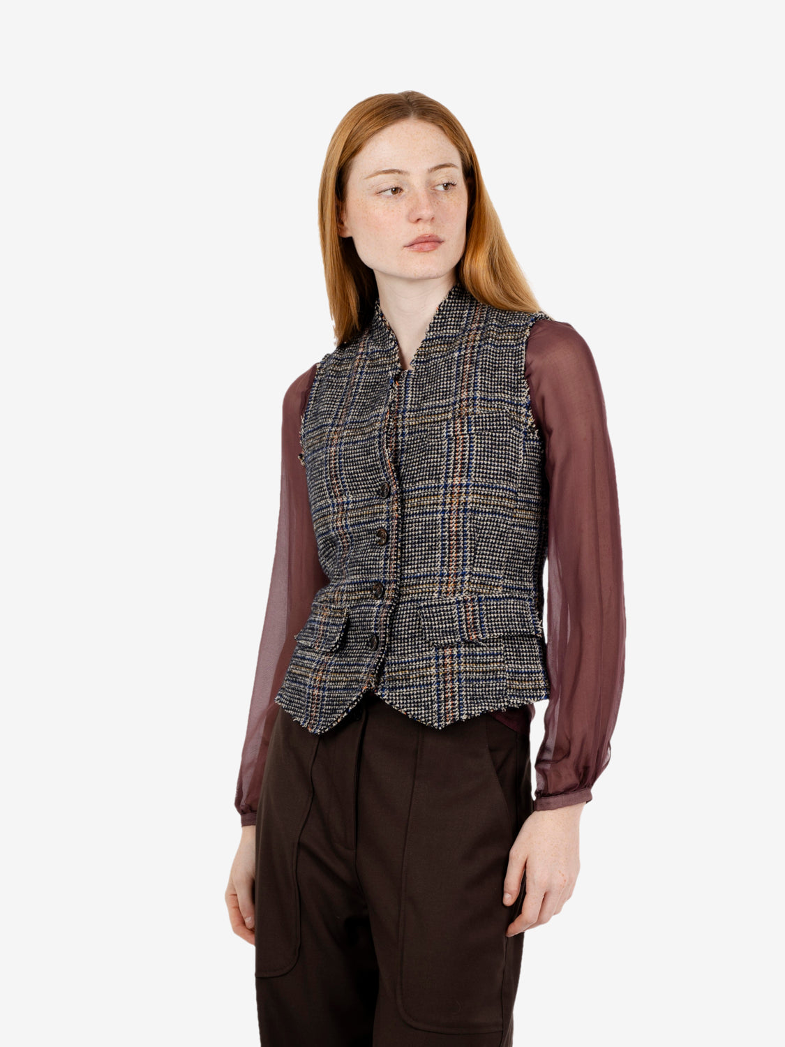 Blue wool blend check waistcoat