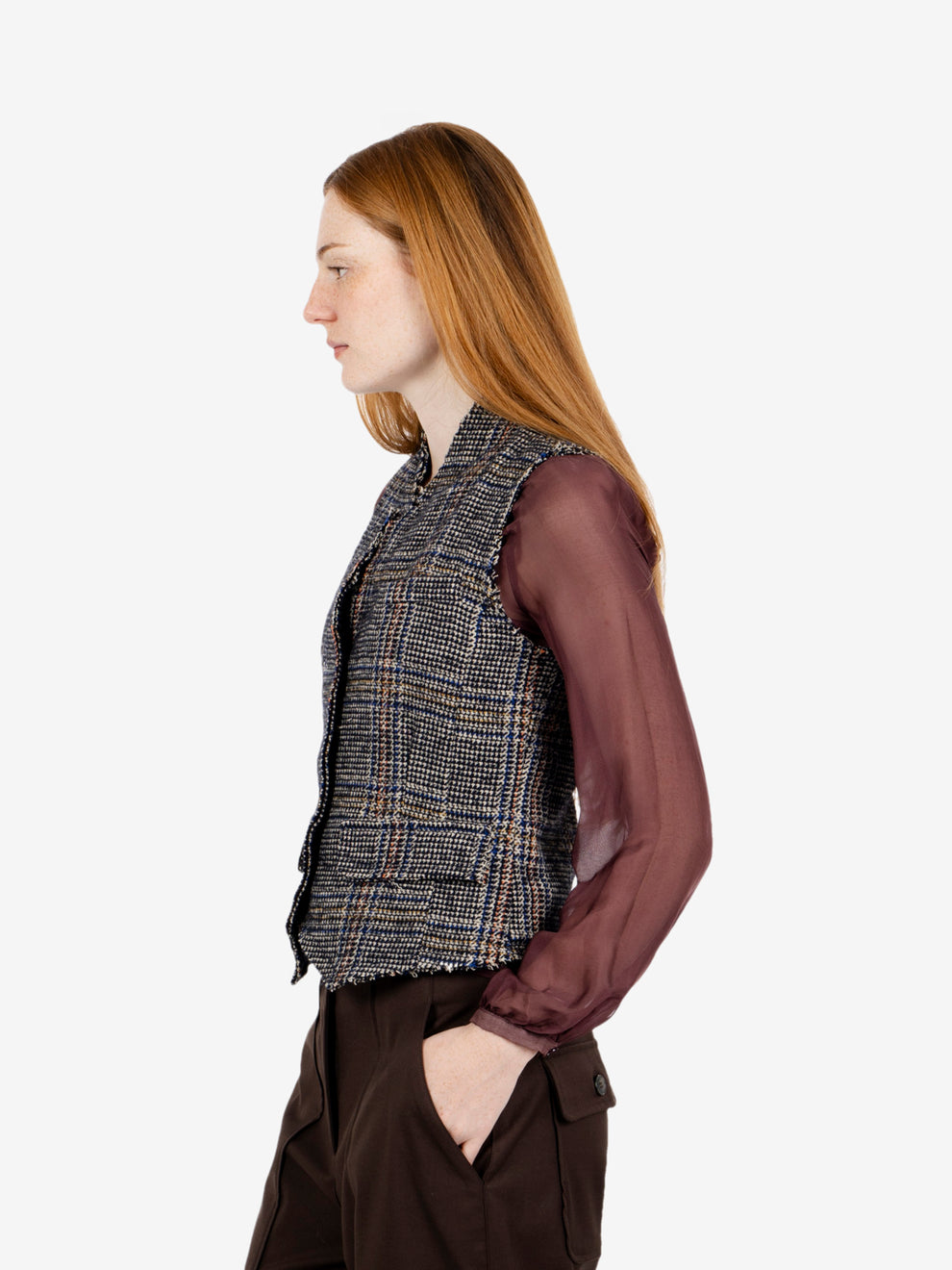 Blue wool blend check waistcoat