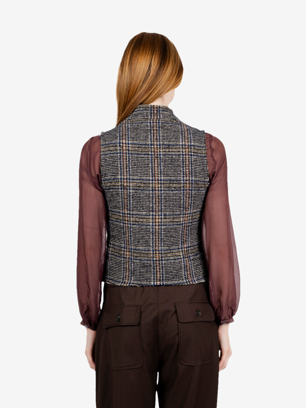 Blue wool blend check waistcoat