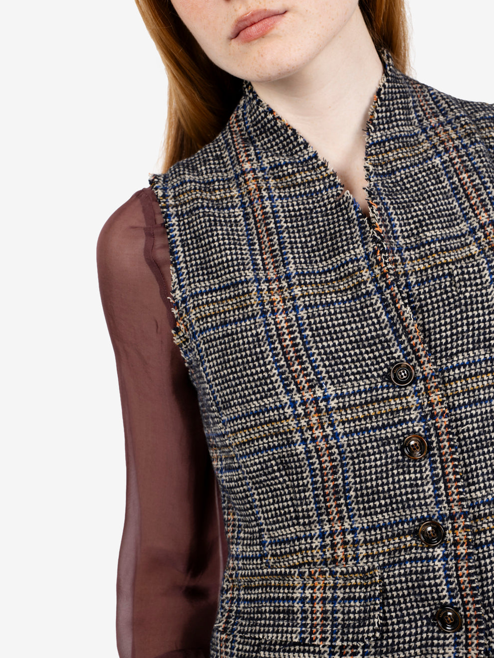 Blue wool blend check waistcoat