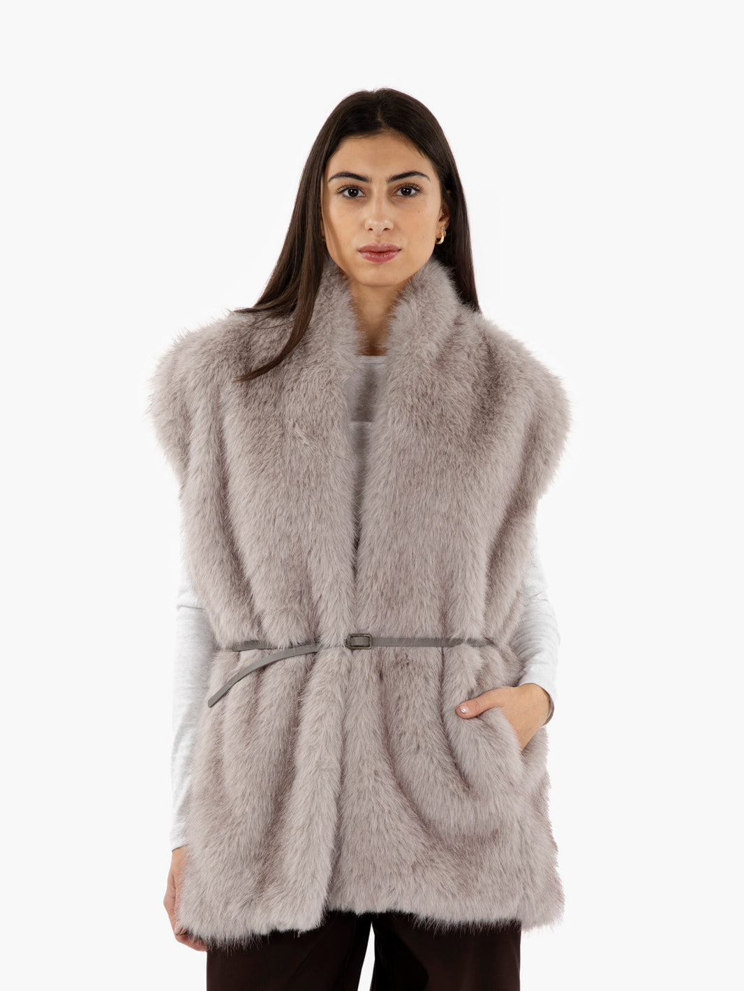 Faux fur vest with cement belt