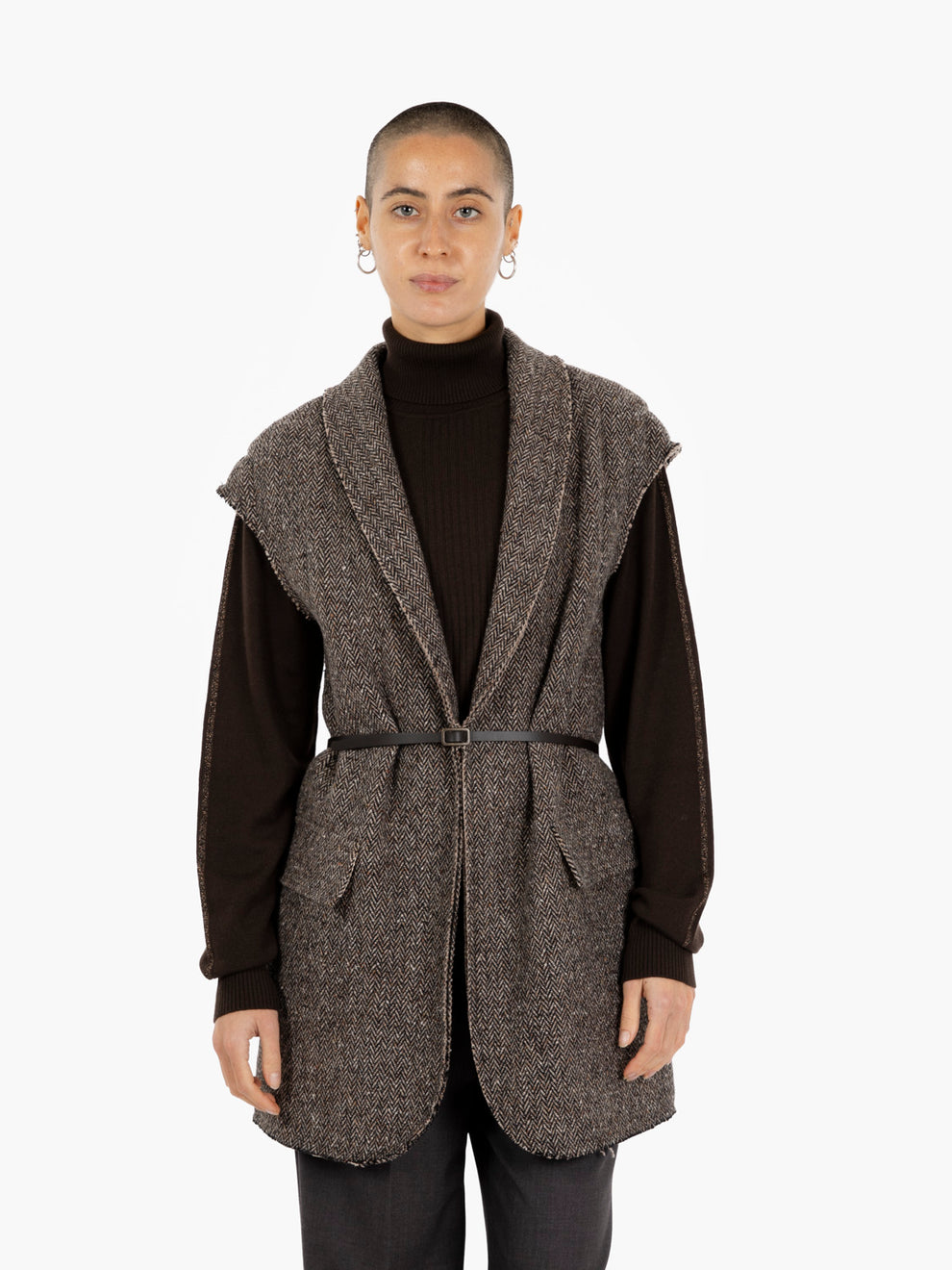 Gilet lungo con cintura marrone