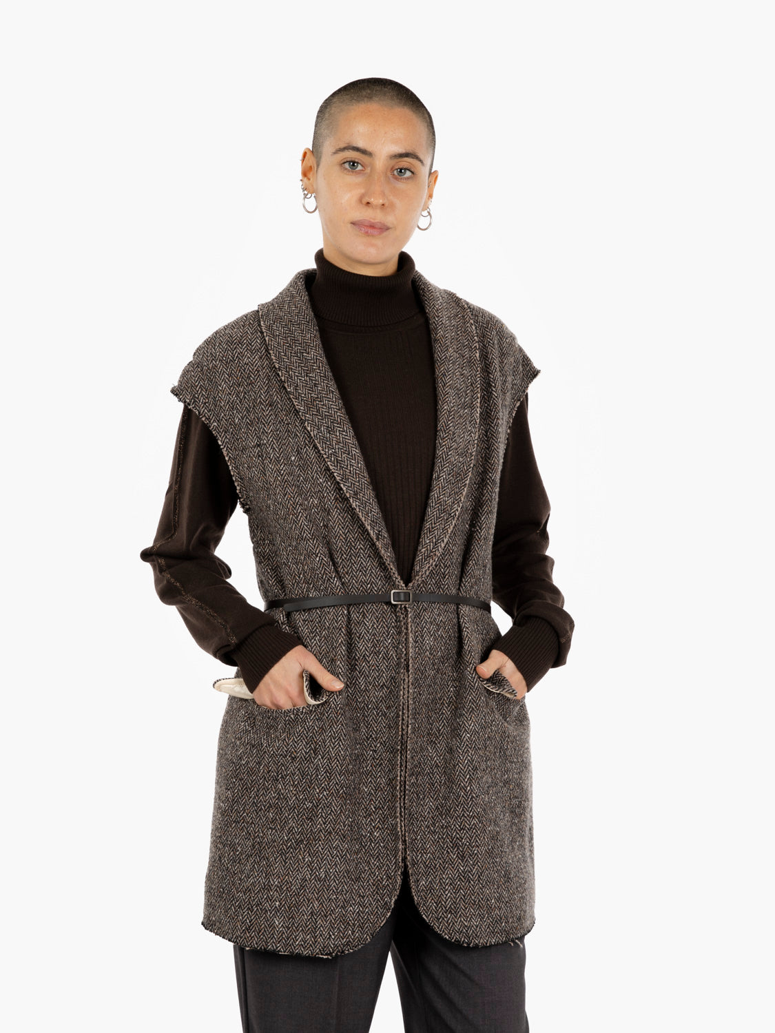 Gilet lungo con cintura marrone