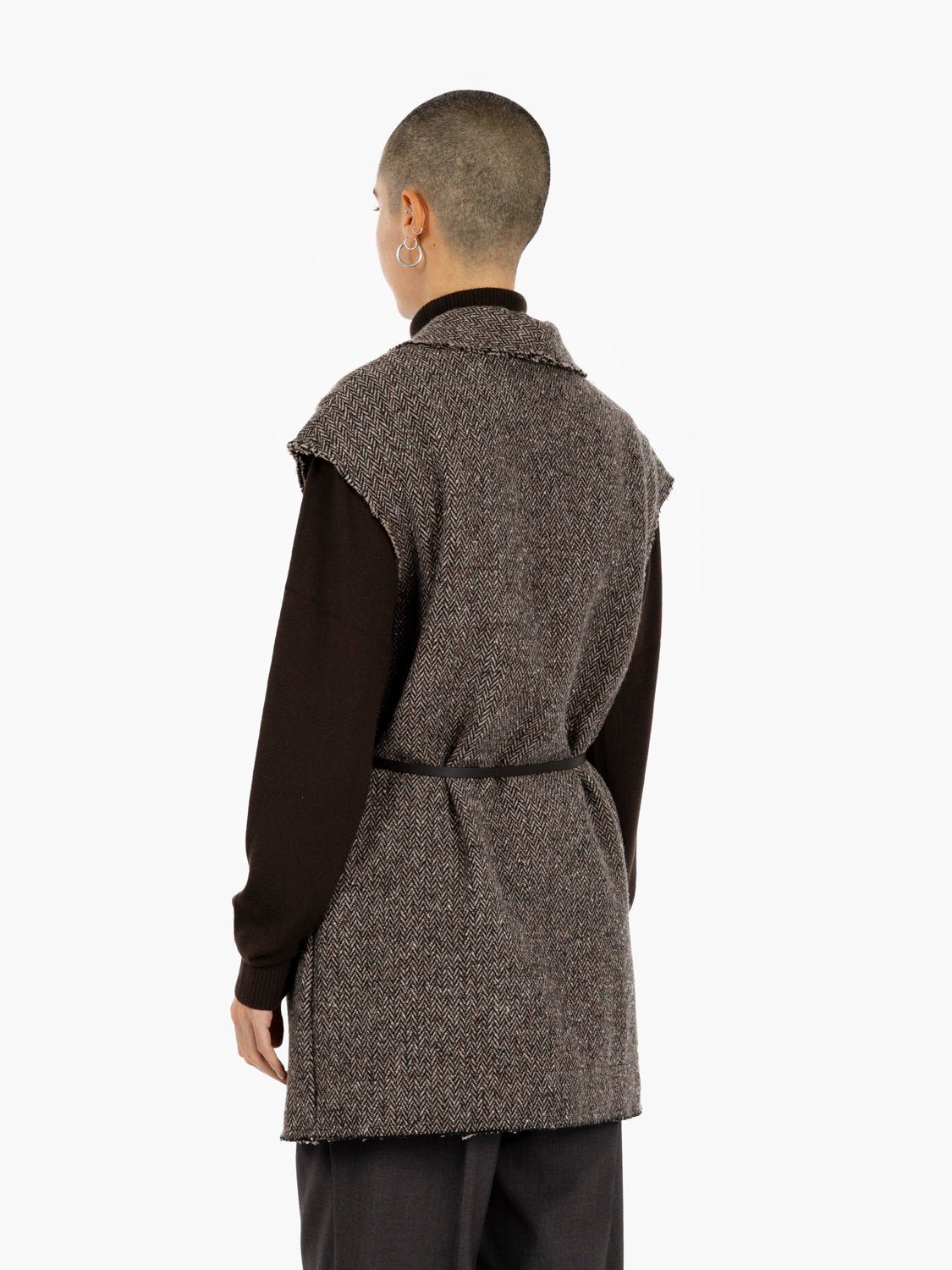 Gilet lungo con cintura marrone