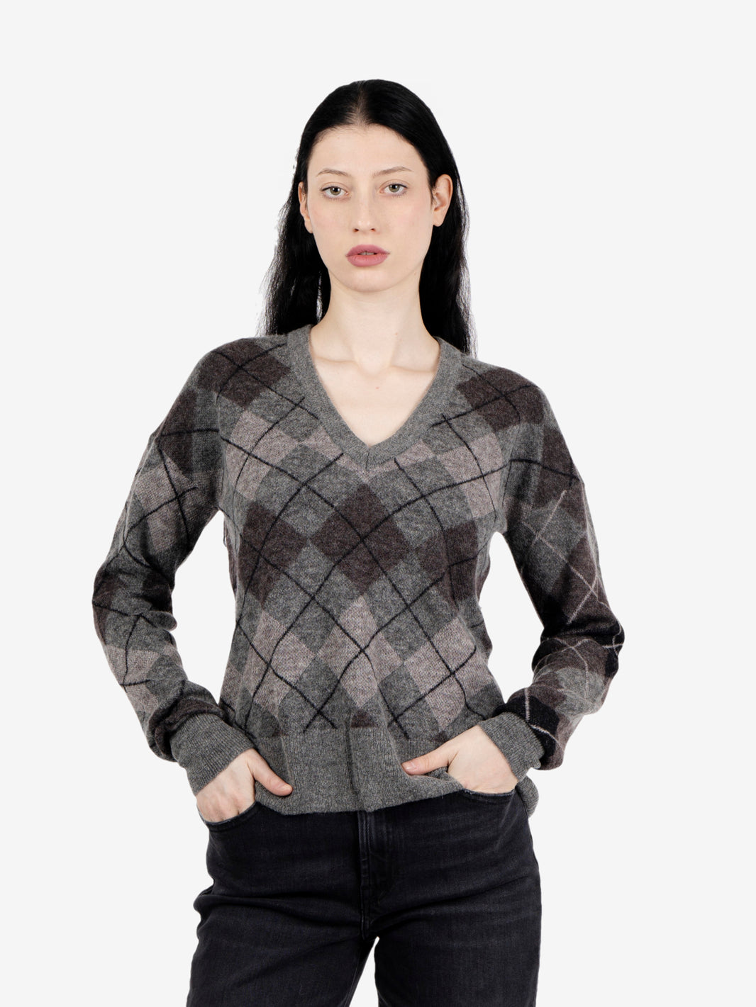 Grey argyle v-neck sweater