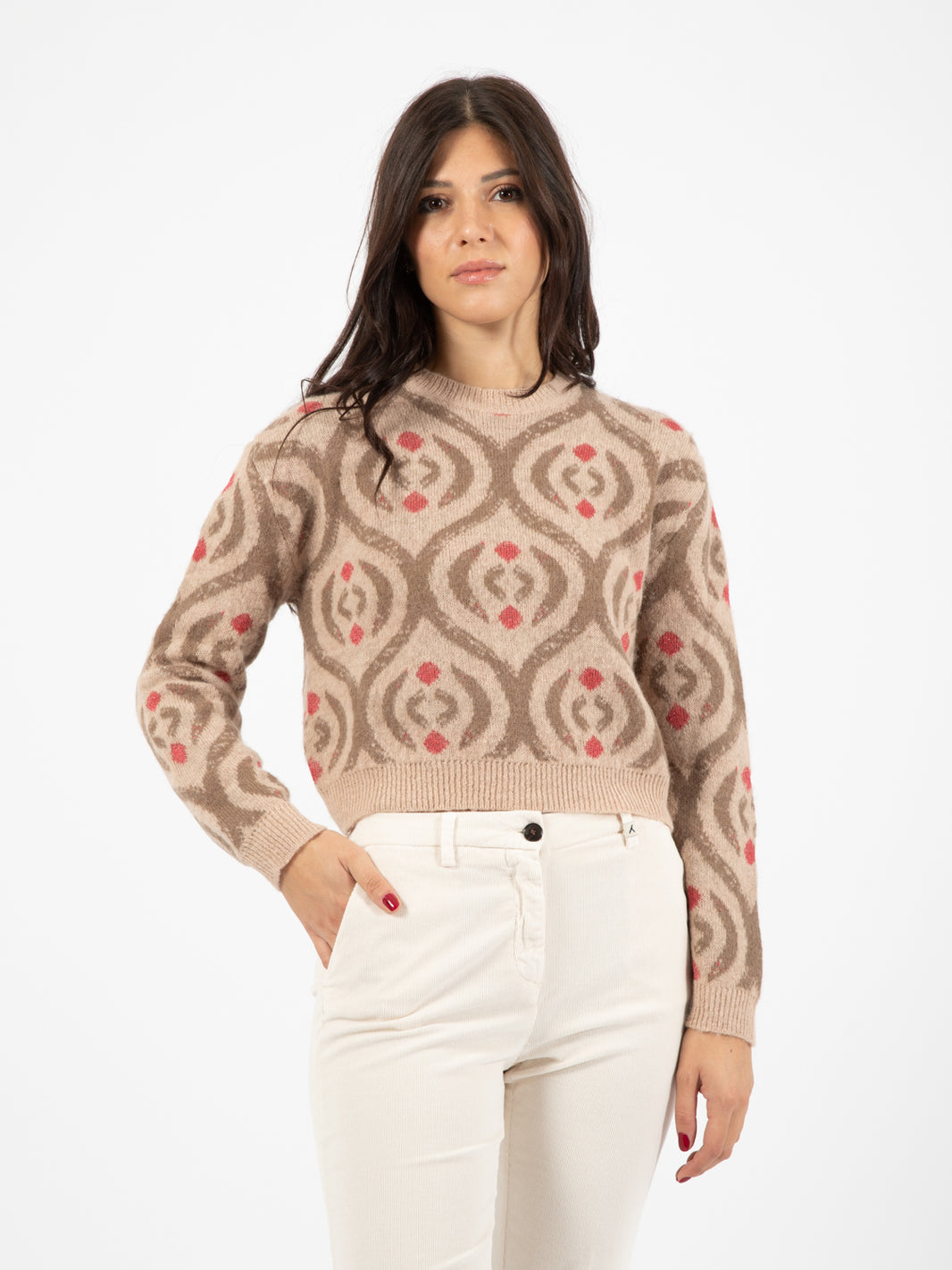 Nude / dark brown crew neck sweater