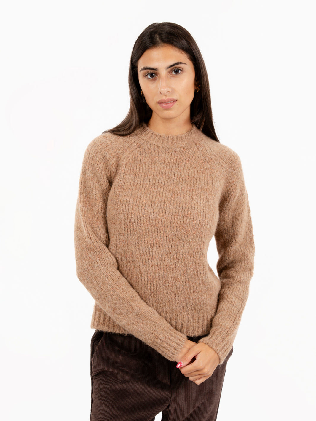 Maglione in alpaca con filo lurex caramello