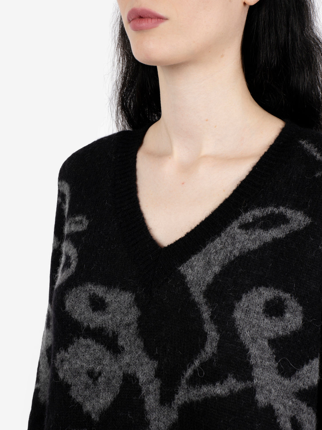 Maglione jacquard scollo V nero / grigio