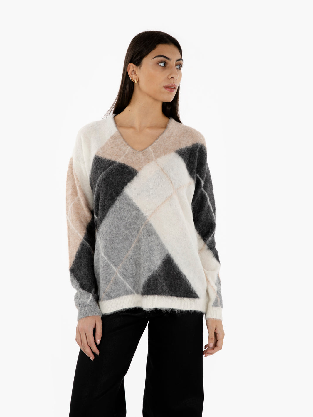 Maxi V-neck sweater butter / grey