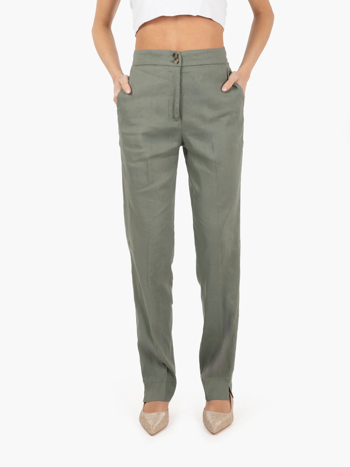 Pantaloni in lino e viscosa verdi